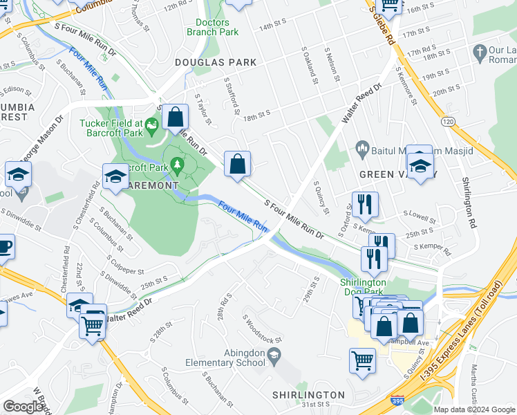 map of restaurants, bars, coffee shops, grocery stores, and more near 4082 South Four Mile Run Drive in Arlington