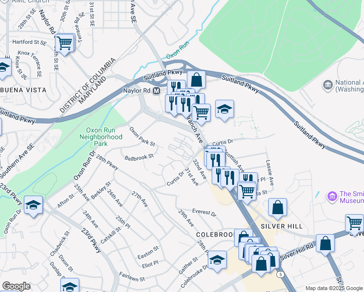 map of restaurants, bars, coffee shops, grocery stores, and more near 3200 Curtis Drive in Temple Hills
