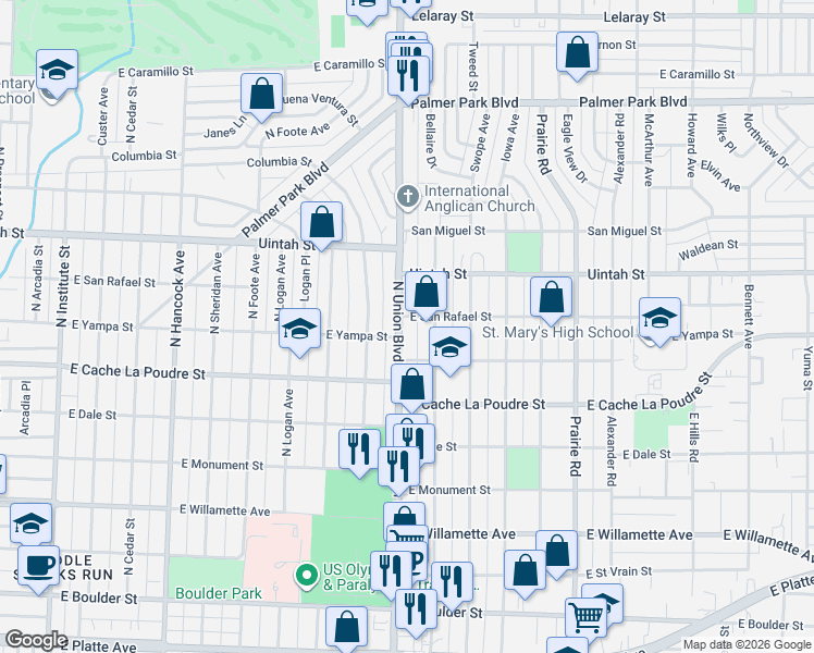 map of restaurants, bars, coffee shops, grocery stores, and more near 1029 North Union Boulevard in Colorado Springs