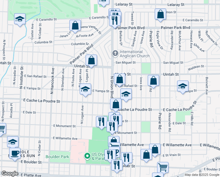 map of restaurants, bars, coffee shops, grocery stores, and more near 1718 East Yampa Street in Colorado Springs