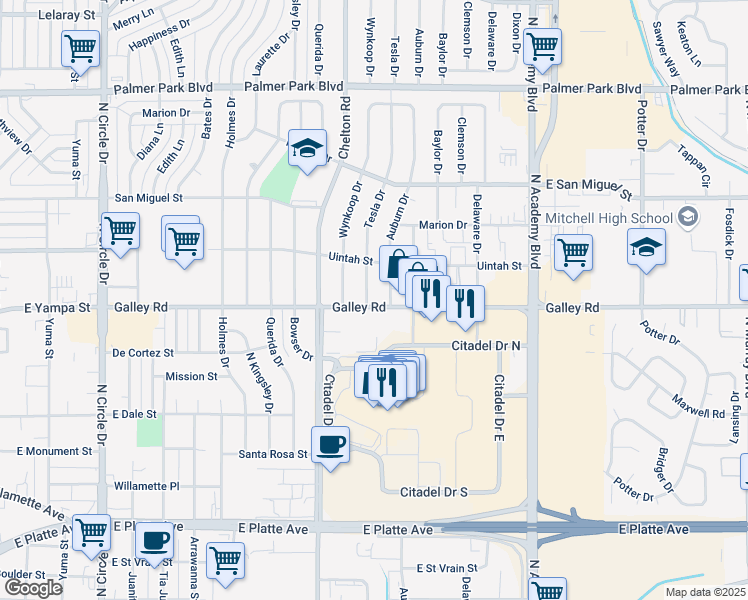 map of restaurants, bars, coffee shops, grocery stores, and more near 1003 Tesla Drive in Colorado Springs