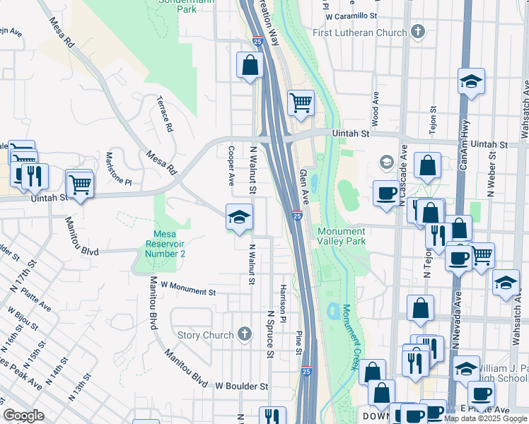 map of restaurants, bars, coffee shops, grocery stores, and more near 921 North Walnut Street in Colorado Springs