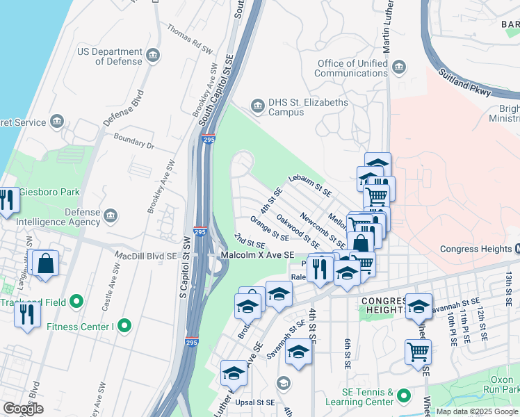 map of restaurants, bars, coffee shops, grocery stores, and more near 253 Oakwood Street Southeast in Washington