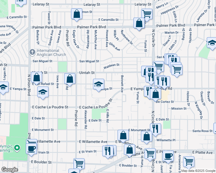 map of restaurants, bars, coffee shops, grocery stores, and more near 2538 East Yampa Street in Colorado Springs