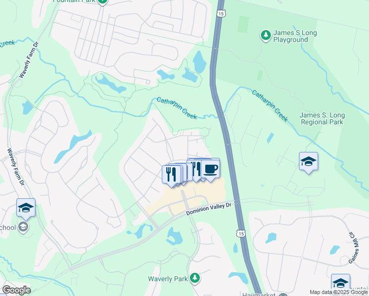 map of restaurants, bars, coffee shops, grocery stores, and more near 5124 Peyton Chapel Drive in Haymarket
