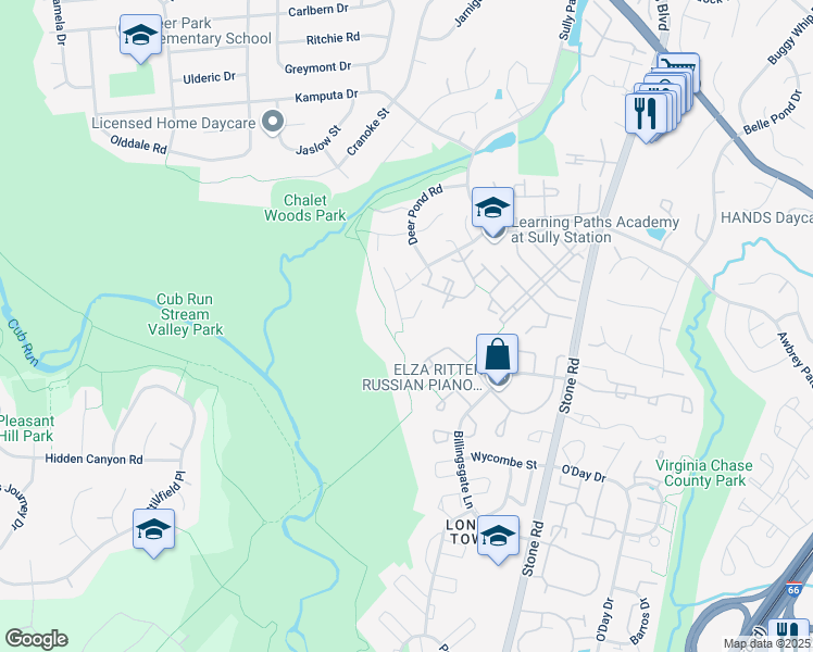 map of restaurants, bars, coffee shops, grocery stores, and more near 5889 Linden Creek Court in Centreville