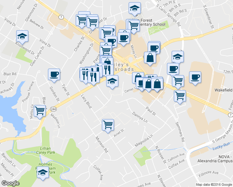 map of restaurants, bars, coffee shops, grocery stores, and more near 3500 Ellery Circle in Bailey's Crossroads