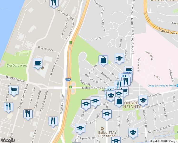 map of restaurants, bars, coffee shops, grocery stores, and more near 253 Oakwood Street Southeast in Washington