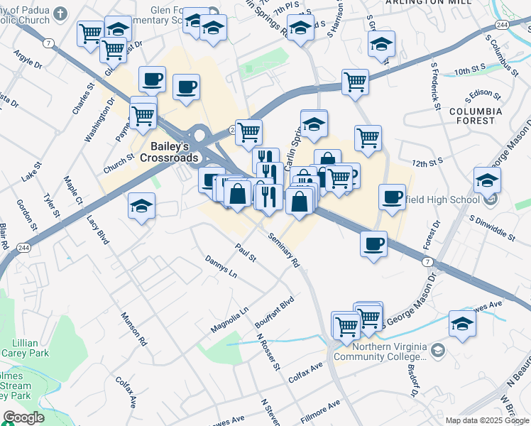 map of restaurants, bars, coffee shops, grocery stores, and more near 6014 Leesburg Pike in Bailey's Crossroads