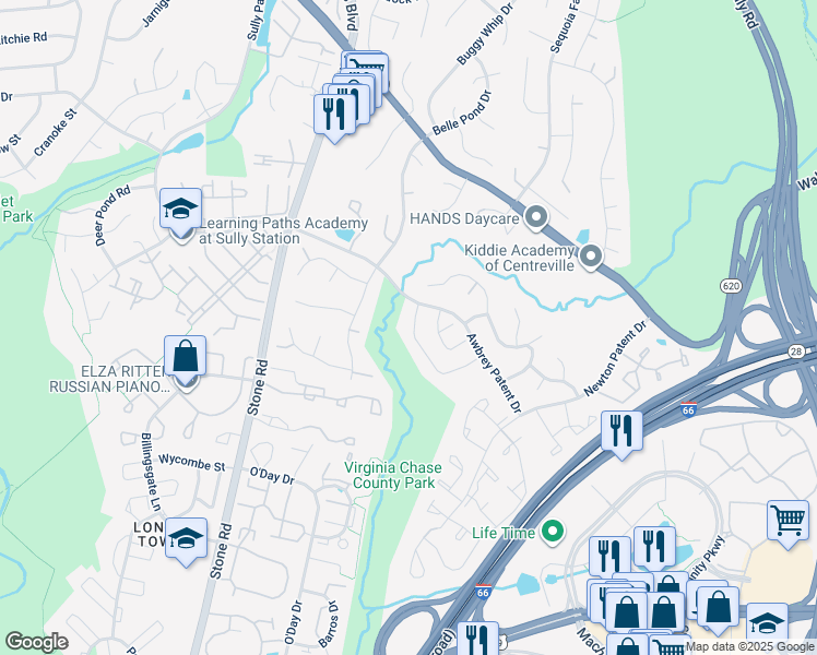 map of restaurants, bars, coffee shops, grocery stores, and more near 14515 4 Chimney Dr in Centreville