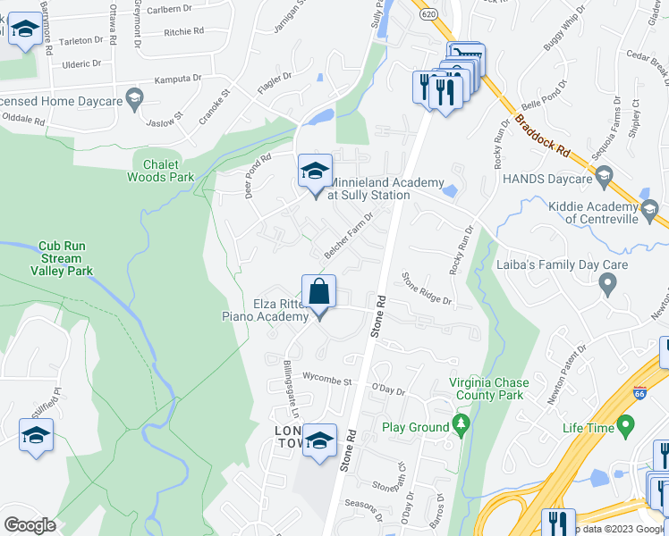 map of restaurants, bars, coffee shops, grocery stores, and more near 5843 Belcher Farm Drive in Centreville