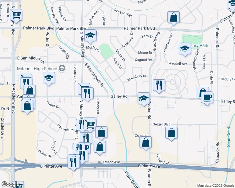map of restaurants, bars, coffee shops, grocery stores, and more near 4516 Galley Road in Colorado Springs