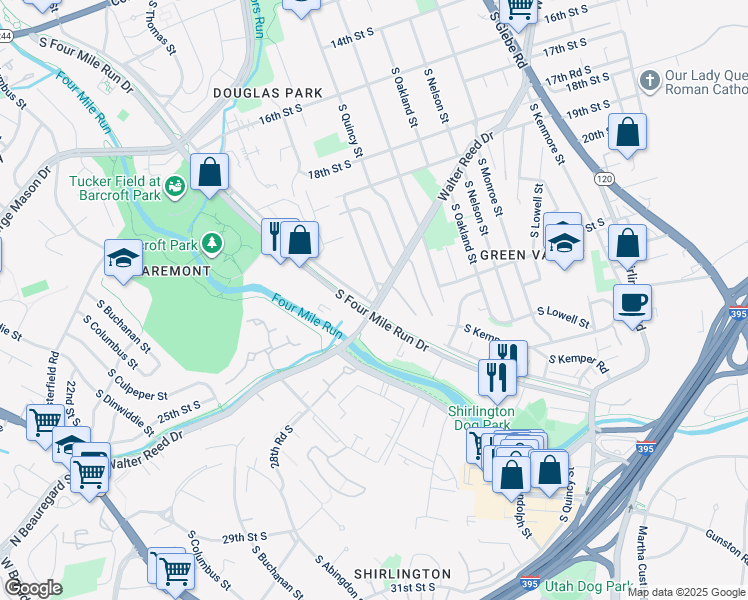 map of restaurants, bars, coffee shops, grocery stores, and more near 4065 South Four Mile Run Drive in Arlington