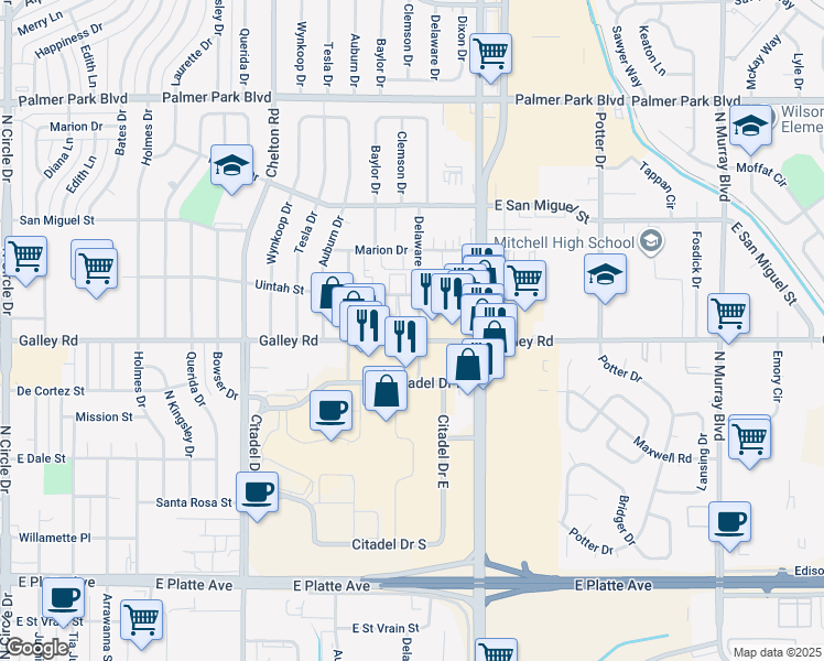 map of restaurants, bars, coffee shops, grocery stores, and more near 920 Delaware Drive in Colorado Springs