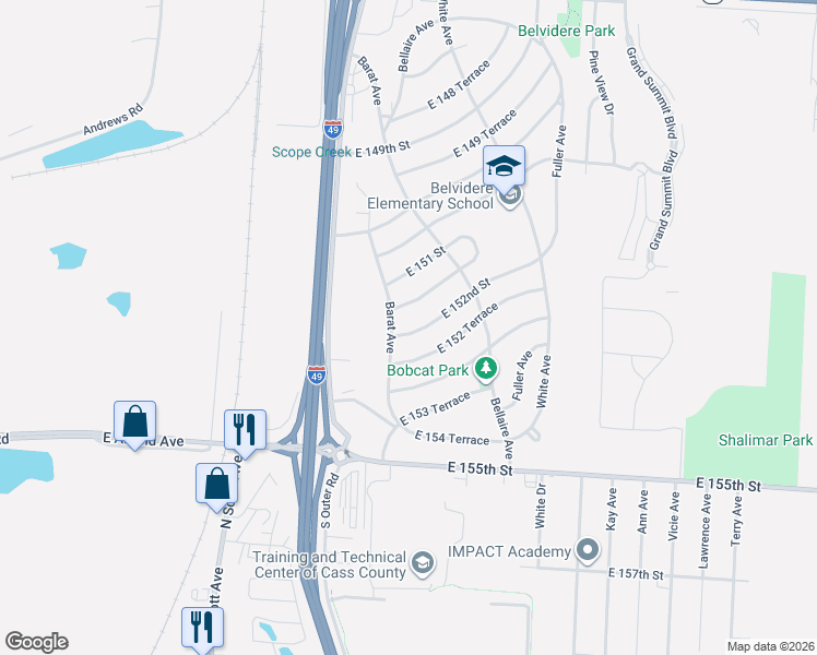 map of restaurants, bars, coffee shops, grocery stores, and more near 6004 East 152nd Street in Grandview