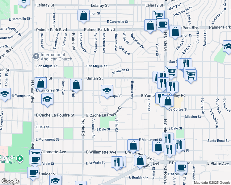 map of restaurants, bars, coffee shops, grocery stores, and more near 2538 East Yampa Street in Colorado Springs