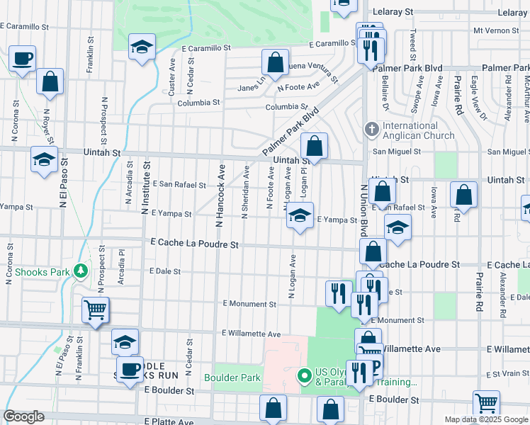 map of restaurants, bars, coffee shops, grocery stores, and more near 1325 East Yampa Street in Colorado Springs