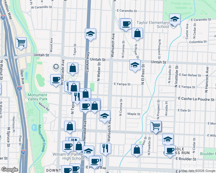 map of restaurants, bars, coffee shops, grocery stores, and more near 911 North Wahsatch Avenue in Colorado Springs