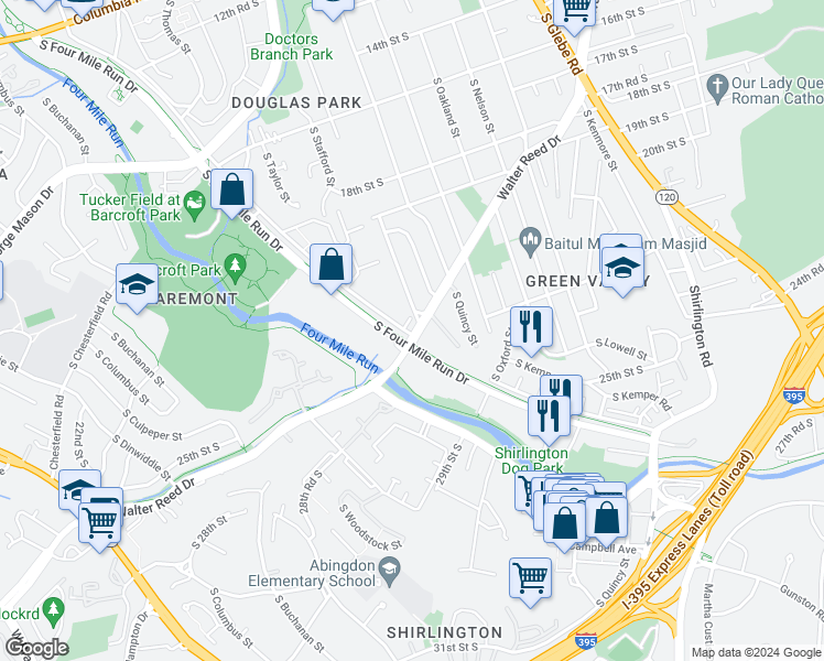 map of restaurants, bars, coffee shops, grocery stores, and more near 4067 South Four Mile Run Drive in Arlington