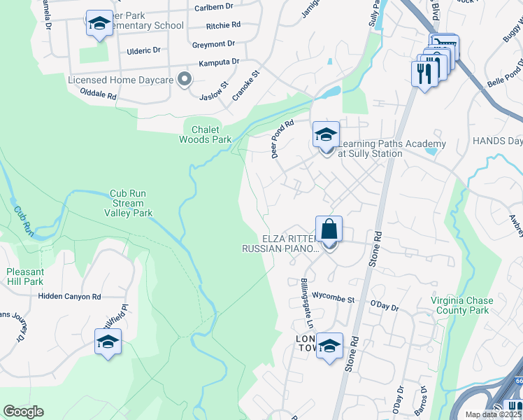 map of restaurants, bars, coffee shops, grocery stores, and more near 5886 Linden Creek Court in Centreville