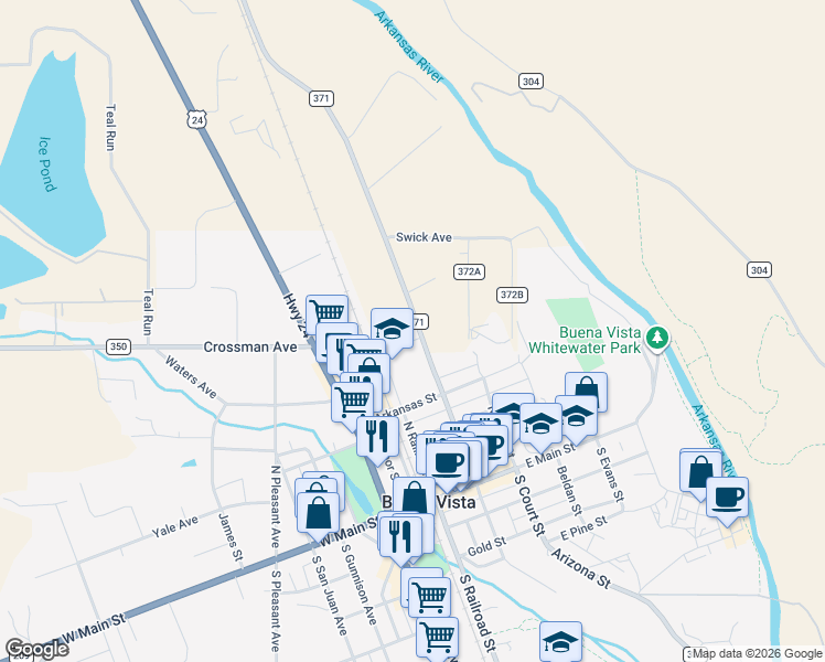 map of restaurants, bars, coffee shops, grocery stores, and more near 29520 County Road 371 in Buena Vista