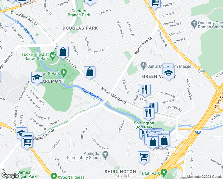 map of restaurants, bars, coffee shops, grocery stores, and more near 4067 South Four Mile Run Drive in Arlington