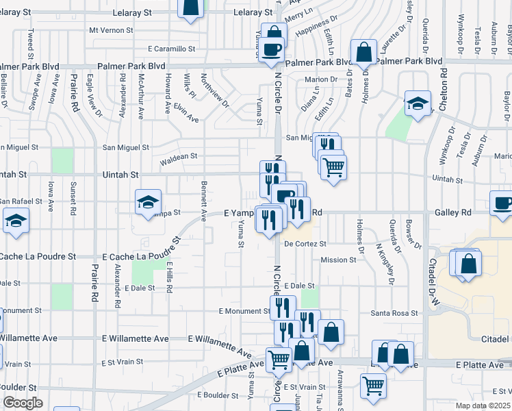 map of restaurants, bars, coffee shops, grocery stores, and more near 2722 East Yampa Street in Colorado Springs
