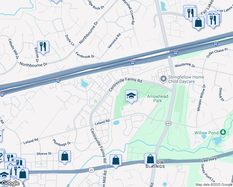 map of restaurants, bars, coffee shops, grocery stores, and more near 13433 Purple Dusk Court in Centreville