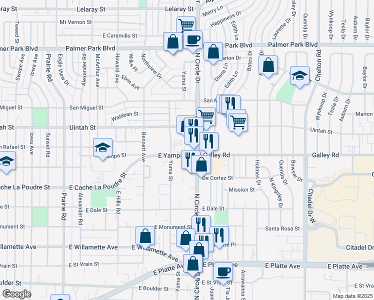 map of restaurants, bars, coffee shops, grocery stores, and more near 2722 East Yampa Street in Colorado Springs