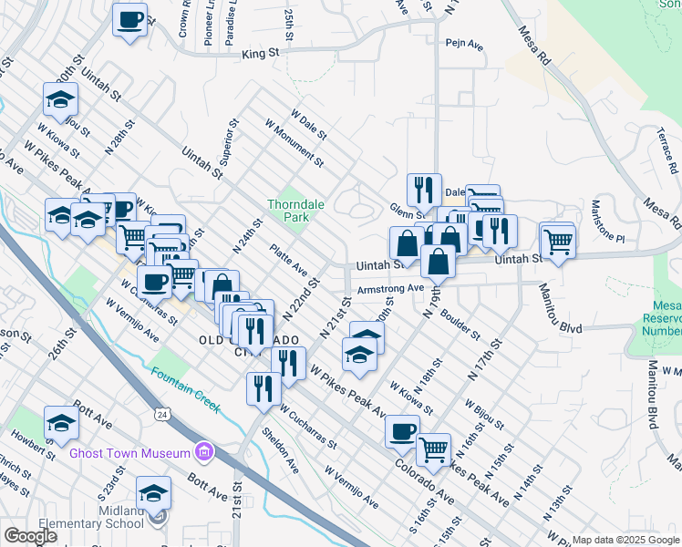 map of restaurants, bars, coffee shops, grocery stores, and more near 2118 Armstrong Avenue in Colorado Springs