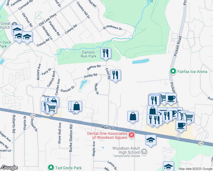 map of restaurants, bars, coffee shops, grocery stores, and more near 3805 Estel Road in Fairfax