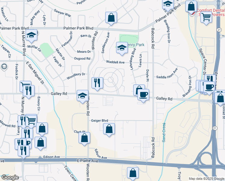 map of restaurants, bars, coffee shops, grocery stores, and more near 5102 Galley Road in Colorado Springs