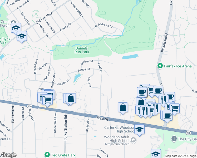 map of restaurants, bars, coffee shops, grocery stores, and more near 3805 Estel Road in Fairfax