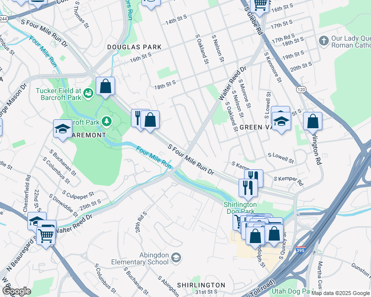 map of restaurants, bars, coffee shops, grocery stores, and more near 4071 South Four Mile Run Drive in Arlington