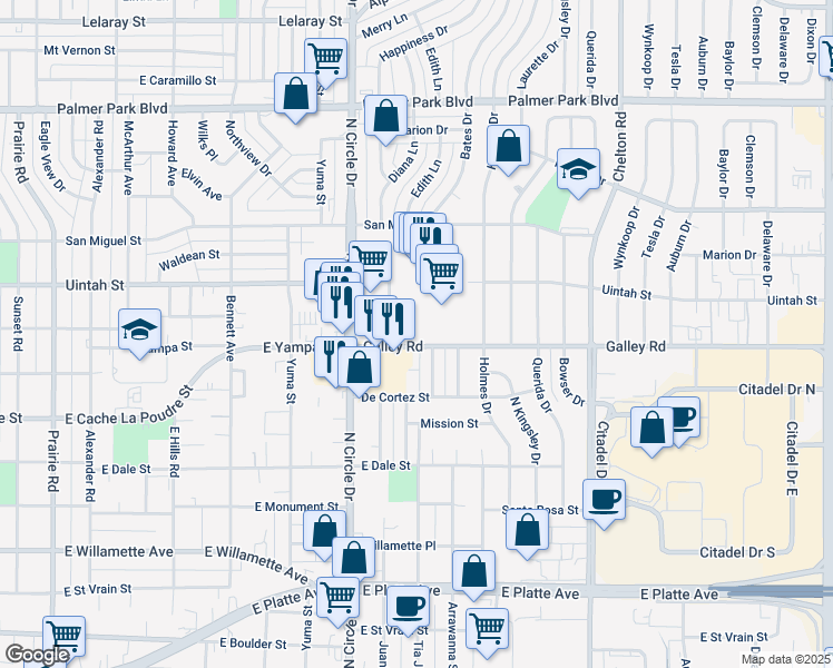 map of restaurants, bars, coffee shops, grocery stores, and more near 3005 Galley Road in Colorado Springs