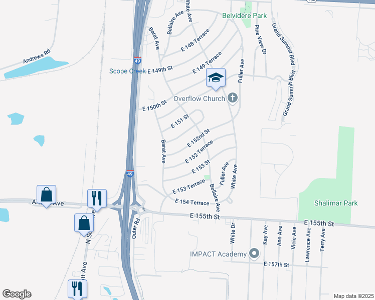 map of restaurants, bars, coffee shops, grocery stores, and more near 6107 East 152nd Street in Grandview