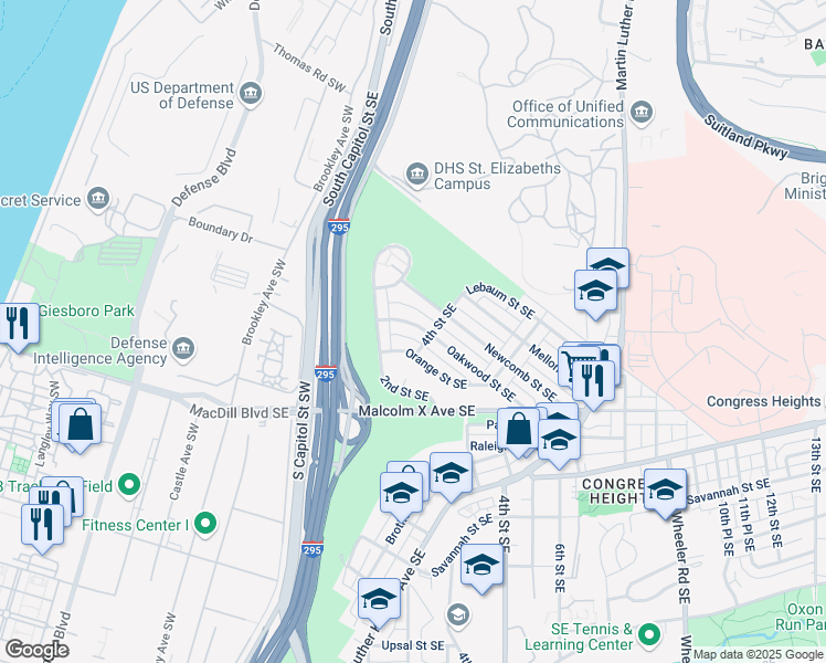 map of restaurants, bars, coffee shops, grocery stores, and more near 235 Oakwood Street Southeast in Washington