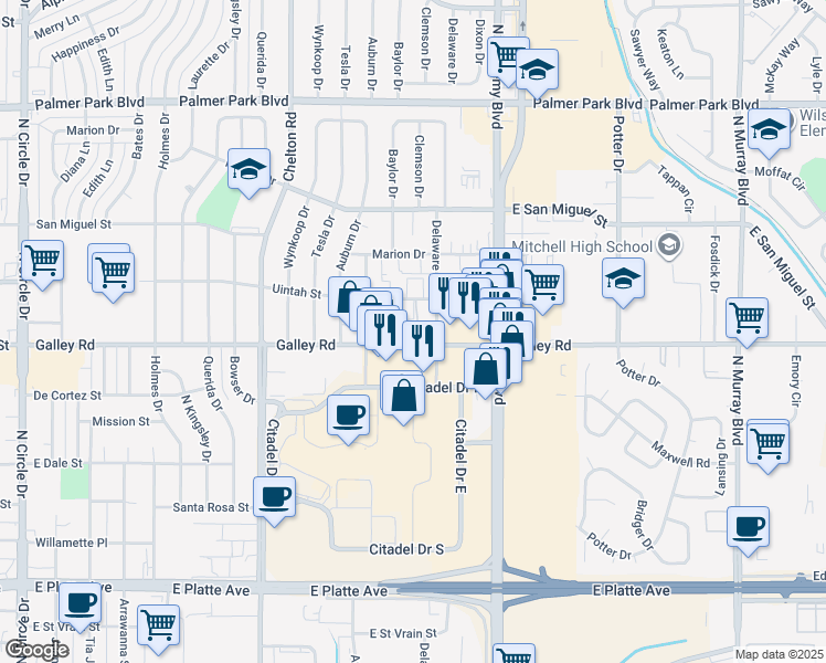 map of restaurants, bars, coffee shops, grocery stores, and more near 920 Delaware Drive in Colorado Springs