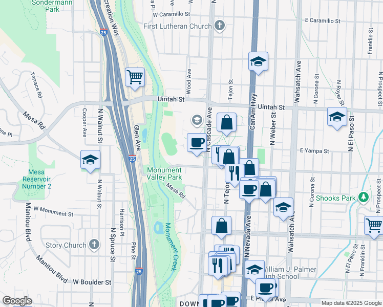 map of restaurants, bars, coffee shops, grocery stores, and more near 906 North Cascade Avenue in Colorado Springs
