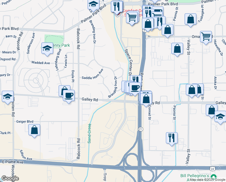 map of restaurants, bars, coffee shops, grocery stores, and more near 1070 Branding Iron Drive in Colorado Springs