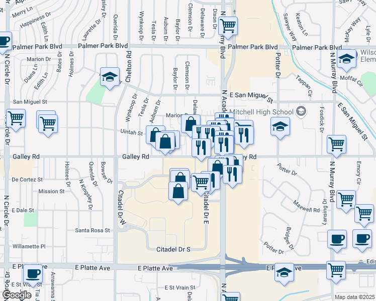 map of restaurants, bars, coffee shops, grocery stores, and more near 920 Delaware Drive in Colorado Springs