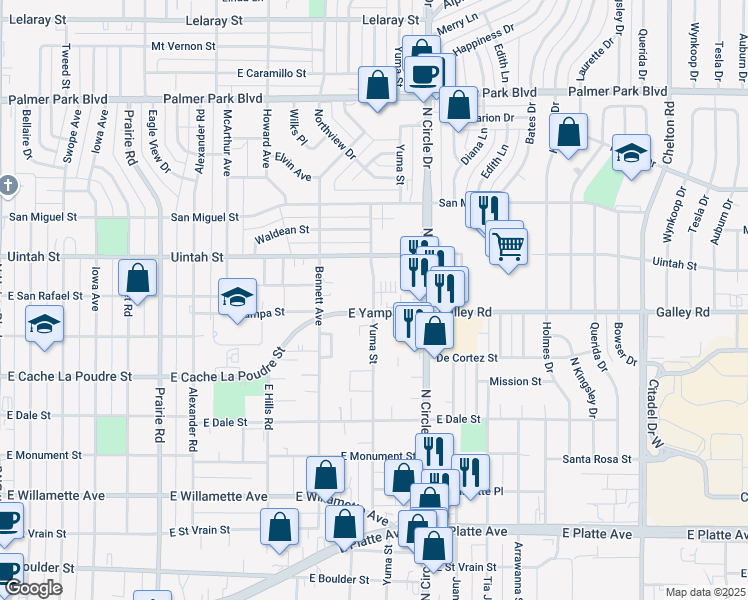 map of restaurants, bars, coffee shops, grocery stores, and more near in Colorado Springs