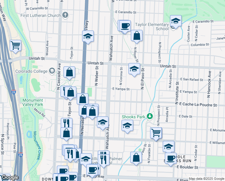 map of restaurants, bars, coffee shops, grocery stores, and more near 911 North Wahsatch Avenue in Colorado Springs