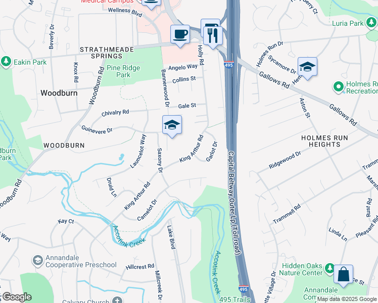 map of restaurants, bars, coffee shops, grocery stores, and more near 3514 King Arthur Road in Annandale