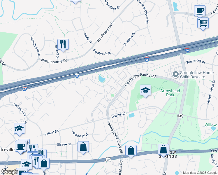 map of restaurants, bars, coffee shops, grocery stores, and more near 13553 Prairie Mallow Lane in Centreville