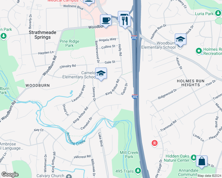 map of restaurants, bars, coffee shops, grocery stores, and more near 3514 King Arthur Road in Annandale