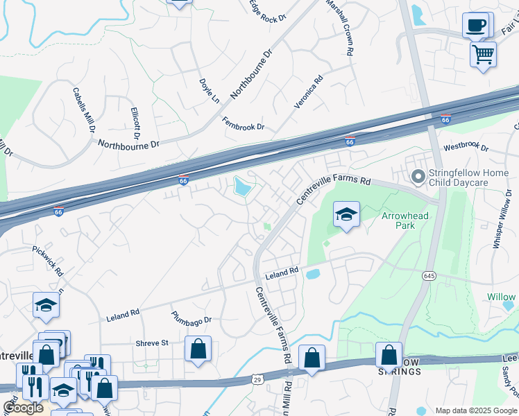 map of restaurants, bars, coffee shops, grocery stores, and more near 13553 Prairie Mallow Lane in Centreville