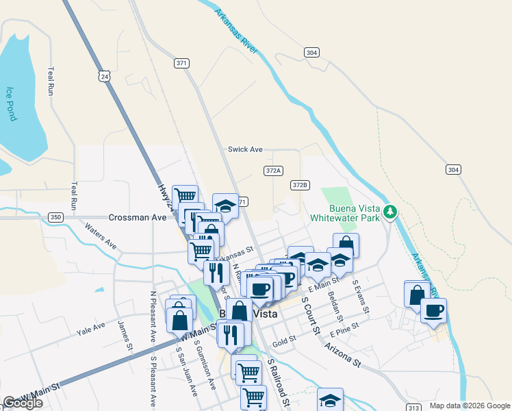map of restaurants, bars, coffee shops, grocery stores, and more near 29520 County Road 371 in Buena Vista