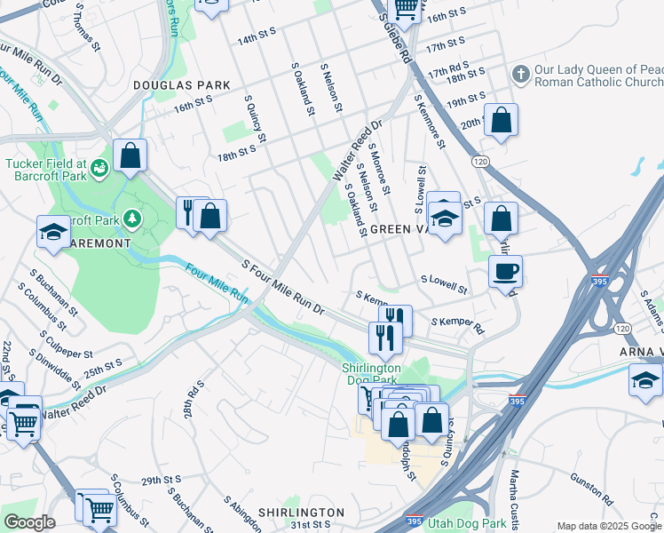 map of restaurants, bars, coffee shops, grocery stores, and more near 2208 South Pollard Street in Arlington