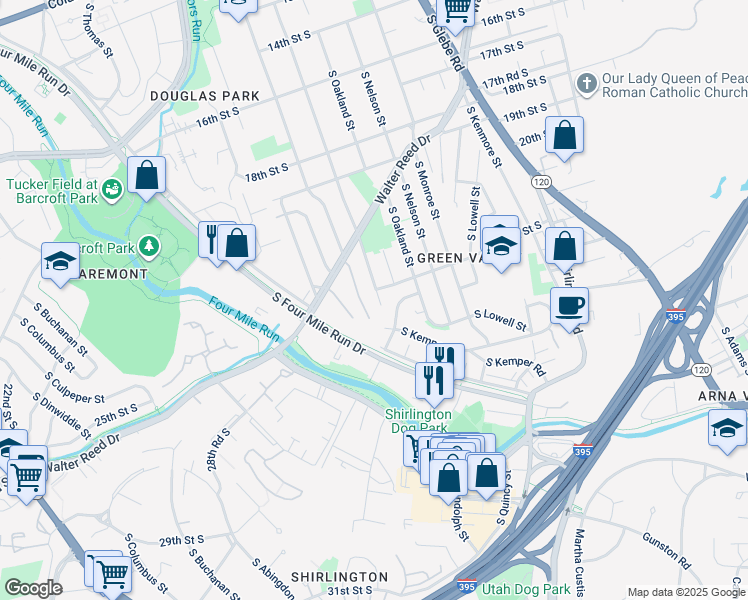 map of restaurants, bars, coffee shops, grocery stores, and more near 2208 South Pollard Street in Arlington